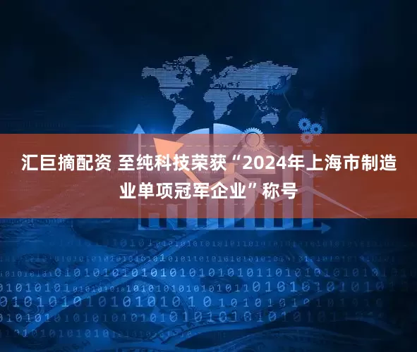 汇巨摘配资 至纯科技荣获“2024年上海市制造业单项冠军企业”称号